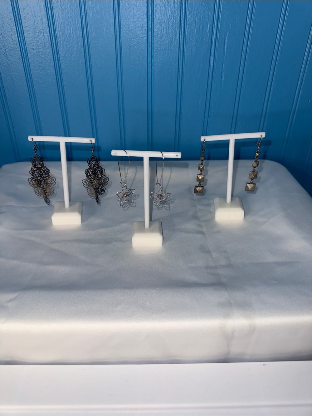 Mixed Metal Dangle Earrings Trio - Silver & Gunmetal